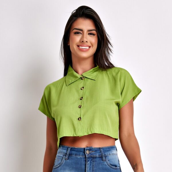 Blusa Feminina Cropped Camisa Social Botões Em Viscolinho modelo 2023 - Image 4