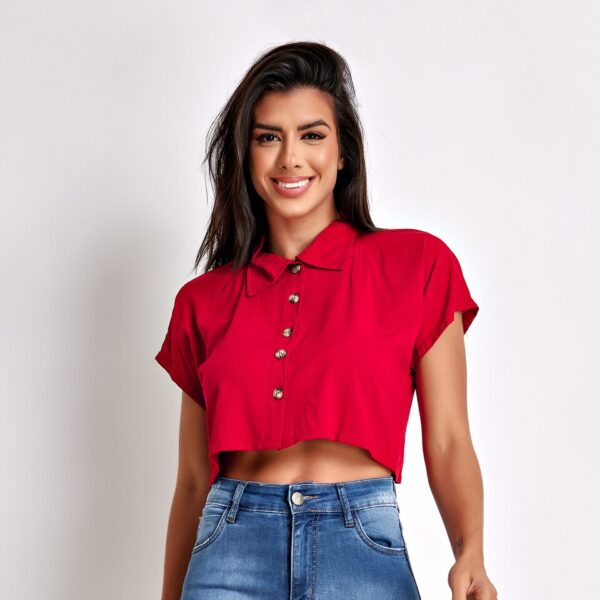 Blusa Feminina Cropped Camisa Social Botões Em Viscolinho modelo 2023 - Image 6